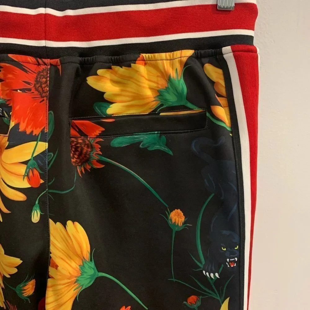 Reason Black and Red Floral Sweatpants with Sporty Stripes